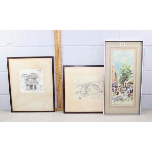 419 - 2 pencil drawings by W. Haeburn-Little, early to mid 20th century in frames and a mid-century print ... 