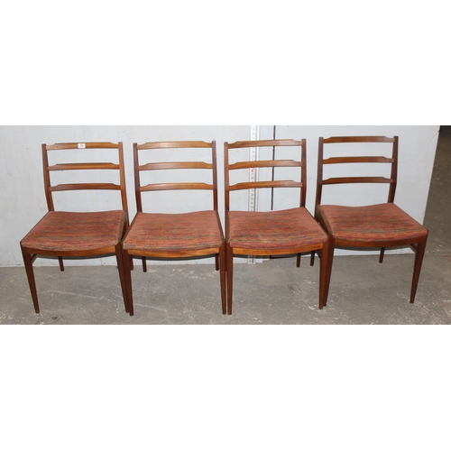 92 - Set of 4 mid century teak Scandinavian ladder back dining chairs, with retro upholstery.