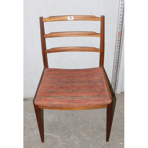 92 - Set of 4 mid century teak Scandinavian ladder back dining chairs, with retro upholstery.