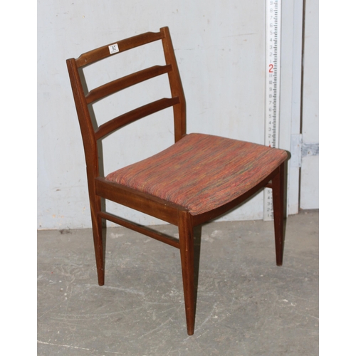 92 - Set of 4 mid century teak Scandinavian ladder back dining chairs, with retro upholstery.