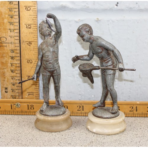 1618 - 2 antique cold painted lead figures of young boys fishing