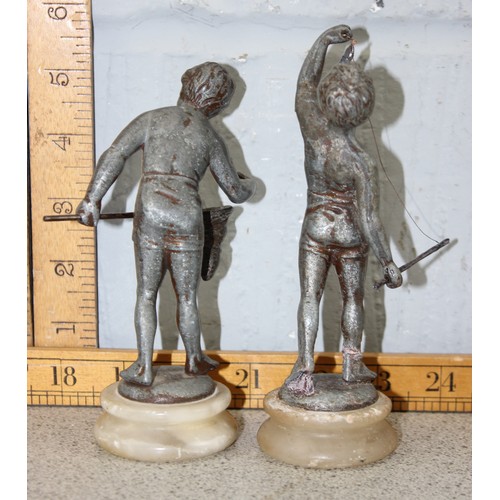 1618 - 2 antique cold painted lead figures of young boys fishing