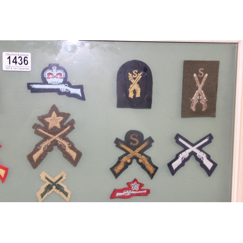 1436 - Glazed display of various shooting patches and badges etc, Small Arms School Sniper Proficiency etc