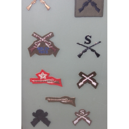 1436 - Glazed display of various shooting patches and badges etc, Small Arms School Sniper Proficiency etc