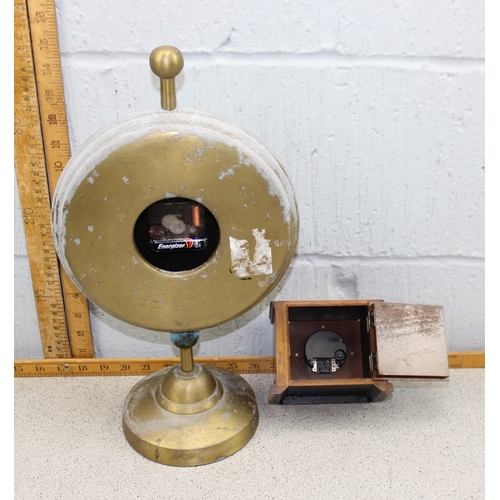 1310 - Large Verdigris finish circular brass cased clock on stand and a 1920s small wooden cased mantel clo... 