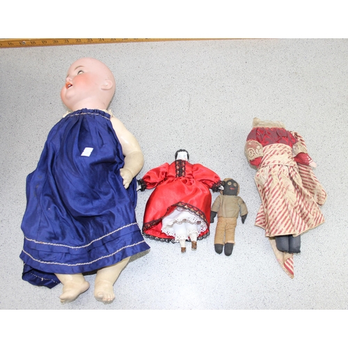 1507 - German bisque doll stamped '201' along with 3 other vintage dolls and 2 dolls wicker cribs