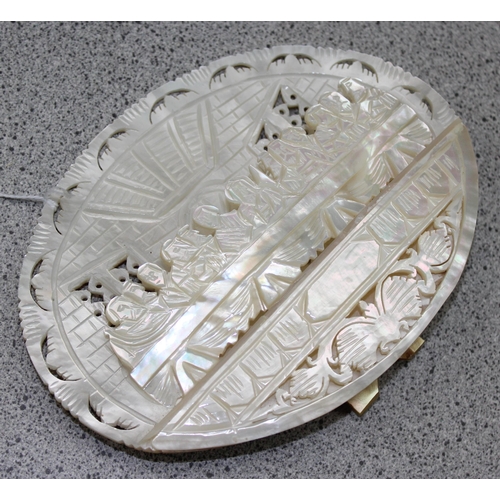 1615 - Large hand carved oval three-dimensional mother of pearl religious diorama ‘The Last Supper’ on an i... 