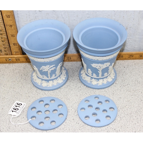 1616 - A pair of Wedgwood light blue Jasperware vases with pierced covers, approx 13cm tall