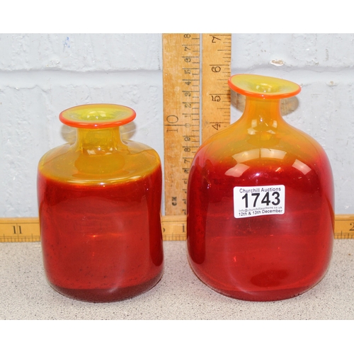 1743 - A matched near pair of retro handmade vibrant yellow ombre and tangerine coloured studio glass dimpl... 