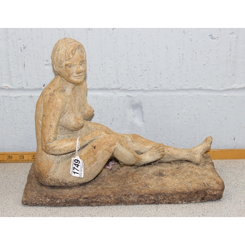 1749 - A Henry Moore style well sculpted reclining nude on plinth, JR initials, approx 37cm x 15cm x 30cm a... 