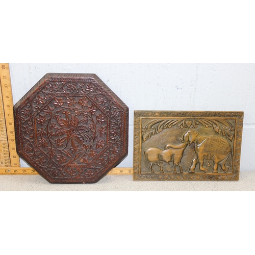 1751 - 3 misc carved wood panels, Indian elephant, Norwegian pokerwork pine panel (details to rear) and an ... 