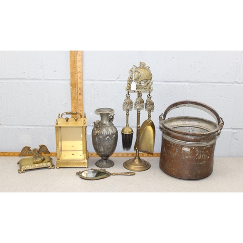 1753 - Three piece Mayflower early 20c brass fire companion set on stand, a brass outstretched eagle desk p... 