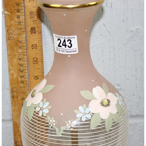 243 - 1950’s American glass vase table lamp with enamelled hand painted floral decoration on brass plinth,... 