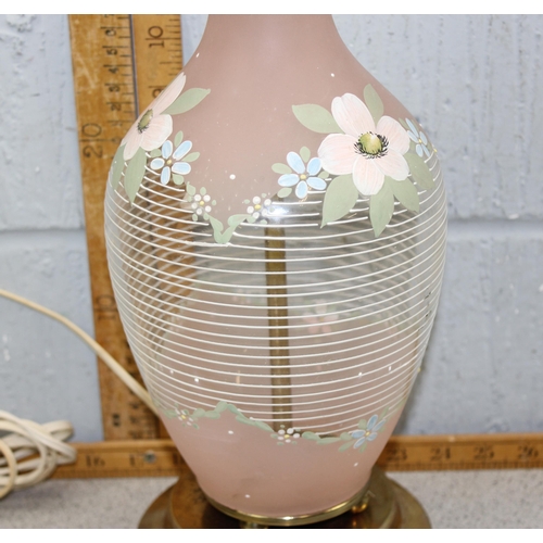 243 - 1950’s American glass vase table lamp with enamelled hand painted floral decoration on brass plinth,... 