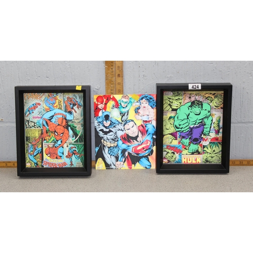 424 - 3 3D holographic Marvel and DC comic action hero pictures 2 framed, approx 23cm x 30cm