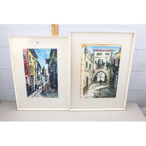 425 - Large 1960’s colourful framed original watercolour depicting a Spanish pedestrianised village street... 