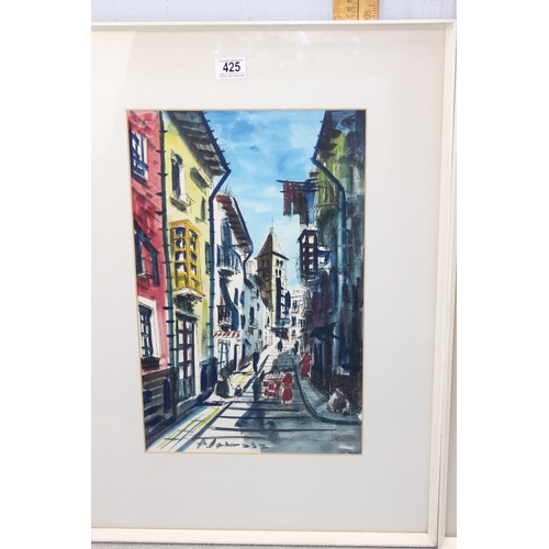 425 - Large 1960’s colourful framed original watercolour depicting a Spanish pedestrianised village street... 