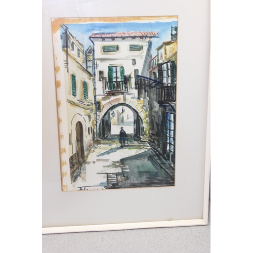 425 - Large 1960’s colourful framed original watercolour depicting a Spanish pedestrianised village street... 