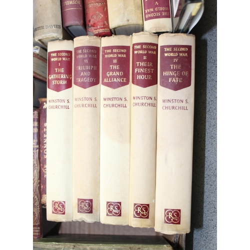 568 - Box of assorted books to inc antique leather bound examples, a set of Winston Churchill books etc