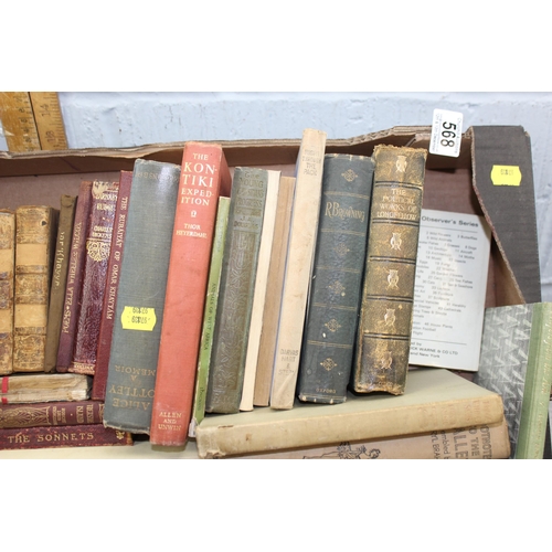 568 - Box of assorted books to inc antique leather bound examples, a set of Winston Churchill books etc