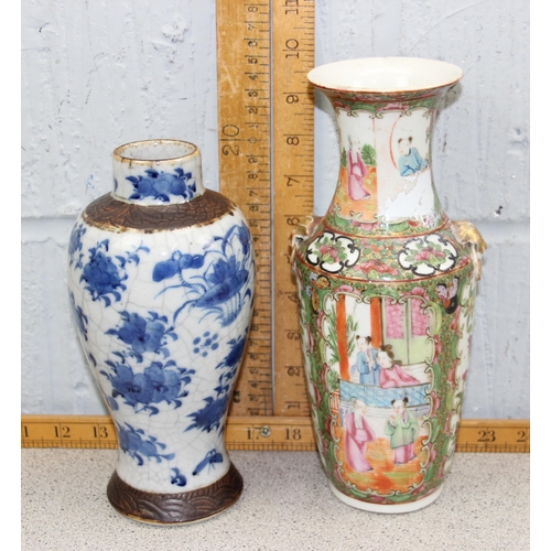 1619 - A Chinese crackle glazed blue and white vase and a Canton famille rose vase (2)