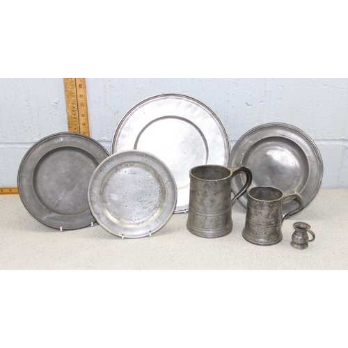 1761 - Qty of antique pewter items to inc 2 tankards