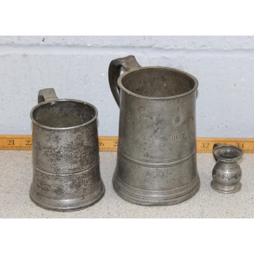 1761 - Qty of antique pewter items to inc 2 tankards