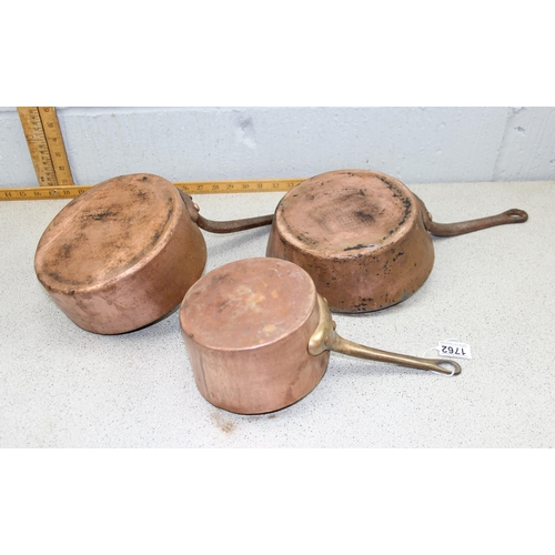 1762 - 3 vintage copper saucepans