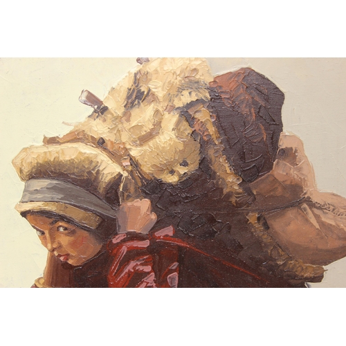 428 - A mid-century oil on canvas painting of a Sherpa girl carrying a load, indistinctly signed lower rig... 