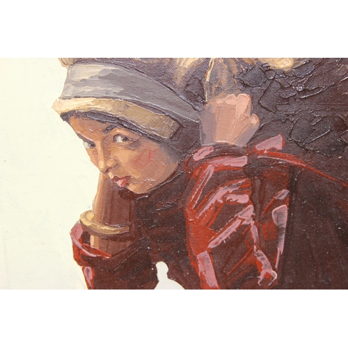 428 - A mid-century oil on canvas painting of a Sherpa girl carrying a load, indistinctly signed lower rig... 