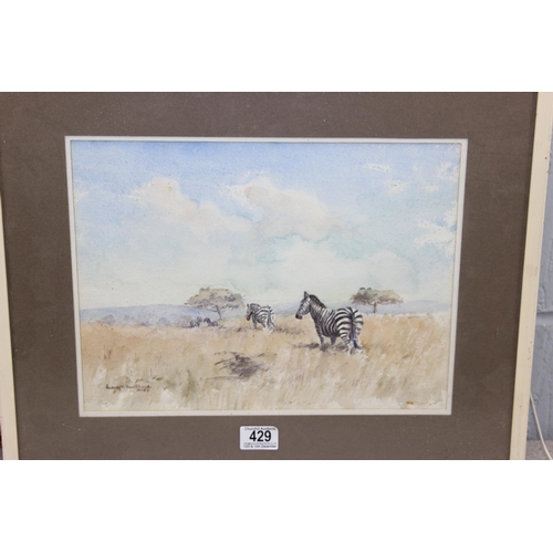 429 - Audrey R. VAULKHARD (XX), watercolour of Zebra and an unsigned oil on board of a rural village in Ka... 