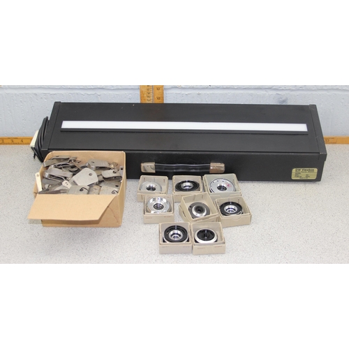 715 - Qty of boxed camera shutters, film processing hangers and a vintage slide viewbox