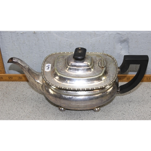 1021 - 4 piece silver plate tea set to include teapot, milk jug, sugar bowl & hot water jug, along with ass... 