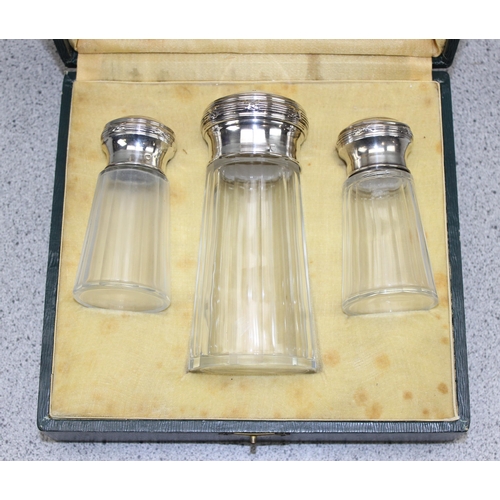 1025 - Antique French glass & silver topped salt, pepper & sugar shaker in original box.