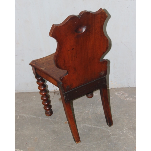 105 - 19th century oak hall chair with bobbin turned front legs