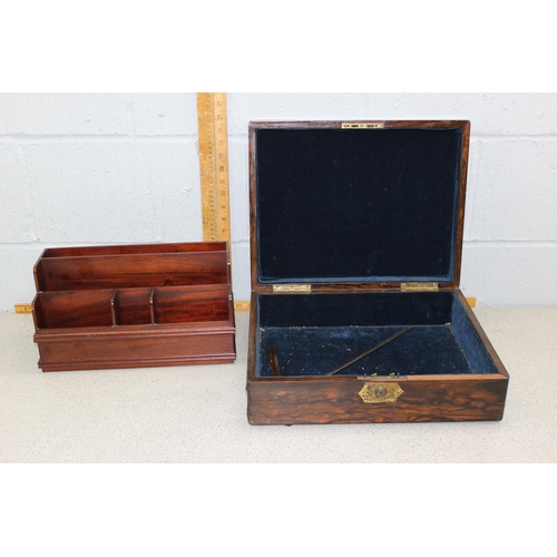 290 - Coromandel wood campaign box & antique style letter rack (2)