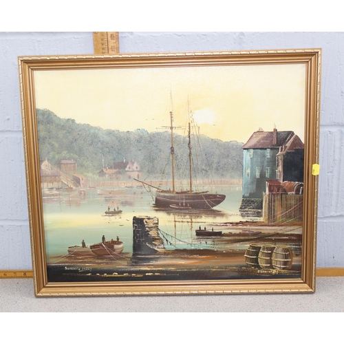 433 - 20th century oil on canvas of a ship at anchor, signed Freeman