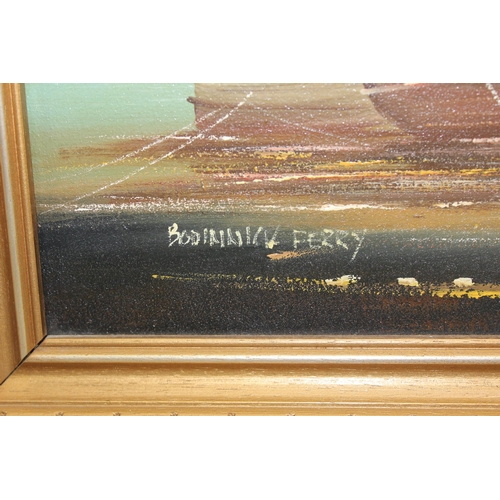 433 - 20th century oil on canvas of a ship at anchor, signed Freeman