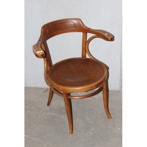 117 - A vintage Thonet style bentwood armchair with decorative seat