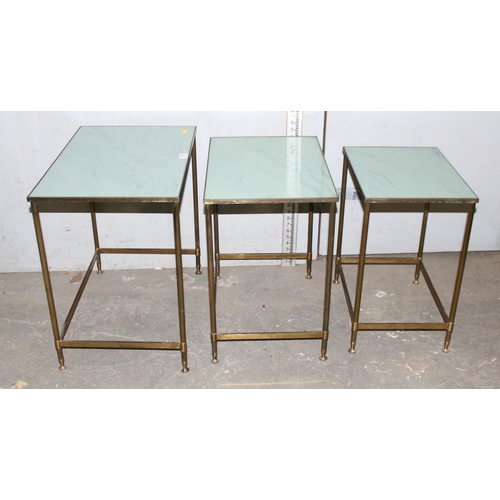 119 - 3 piece nest of tables, with brass base & faux marble tops