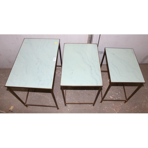 119 - 3 piece nest of tables, with brass base & faux marble tops