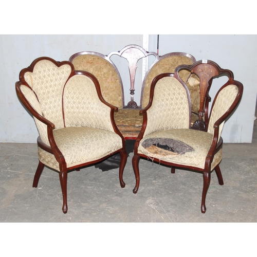 122 - Edwardian love seat with Sheraton inlay & 2 matching upholstered arm chairs