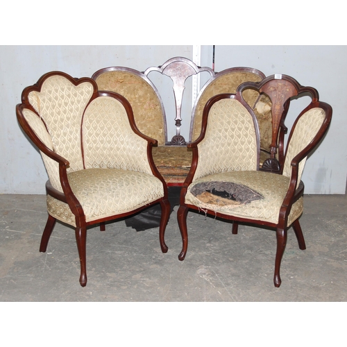 122 - Edwardian love seat with Sheraton inlay & 2 matching upholstered arm chairs