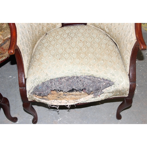 122 - Edwardian love seat with Sheraton inlay & 2 matching upholstered arm chairs