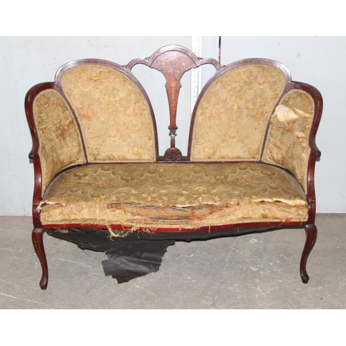 122 - Edwardian love seat with Sheraton inlay & 2 matching upholstered arm chairs