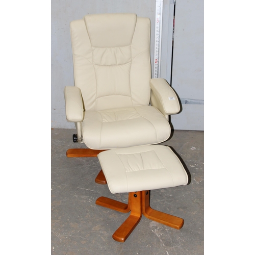 127 - An Ekornes style white leatherette easy chair with matching foot stool