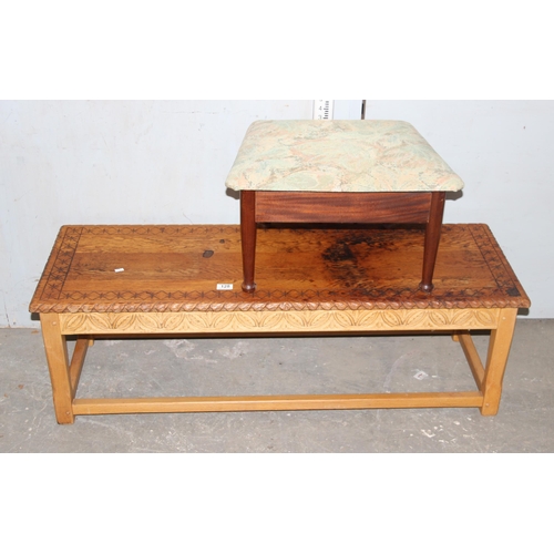 128 - Light oak carved coffee table & stool sewing box