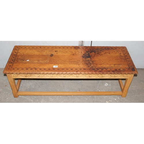 128 - Light oak carved coffee table & stool sewing box