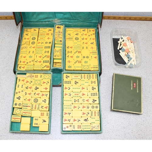 1548 - Vintage Mahjong set in leather case with various bone counters etc