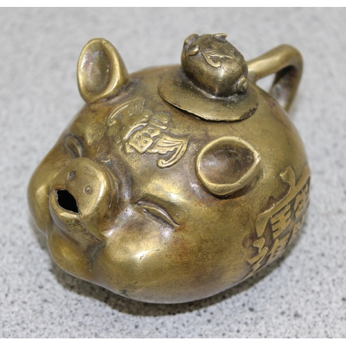 1650 - Brass Chinese zodiac wealth teapot & brass oriental urn